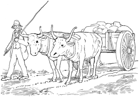 Yoked Oxen Pulling Cart Coloring Page